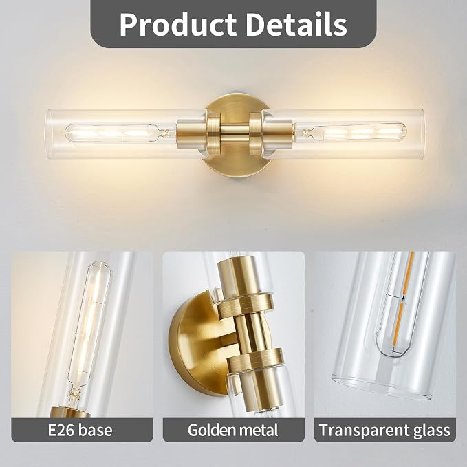 Lanhall 2-Light Brushed Brass Gold Bathroom Light Fixtures Over Mirror Modern Vanity Light Wall Lighting with Clear Glass Shade for Bathroom, Bedroom, Hallway, Cabinet