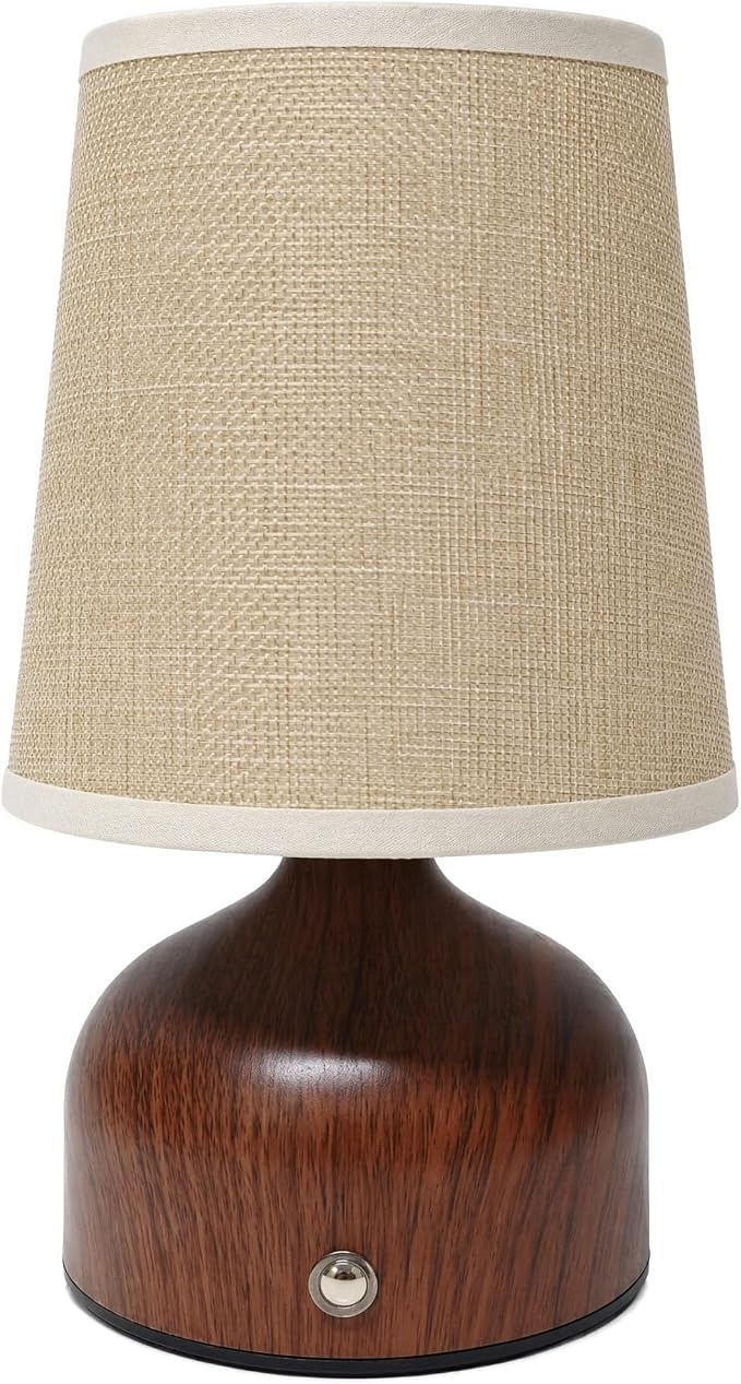 Small Cordless Table Lamp with Fabric Shade, 3 Color Temperature Stepless Dimming Rechargeable Battery Operated Nightstand Lamp, Wood Grain Bedside Lamp for Bedroom Living Room Home Decor