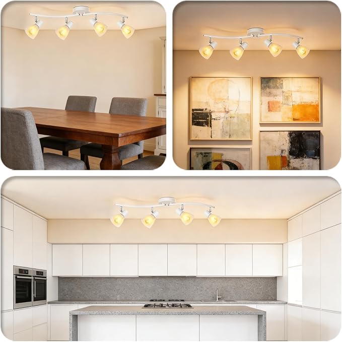 HiBay 4-Light Track Lighting, Modern White Glass Ceiling Light Fixture | Adjustable Flush Mount Track Spotlight for Bathroom, Kitchen, Dining Room, E12 Base, Bulbs Not Included