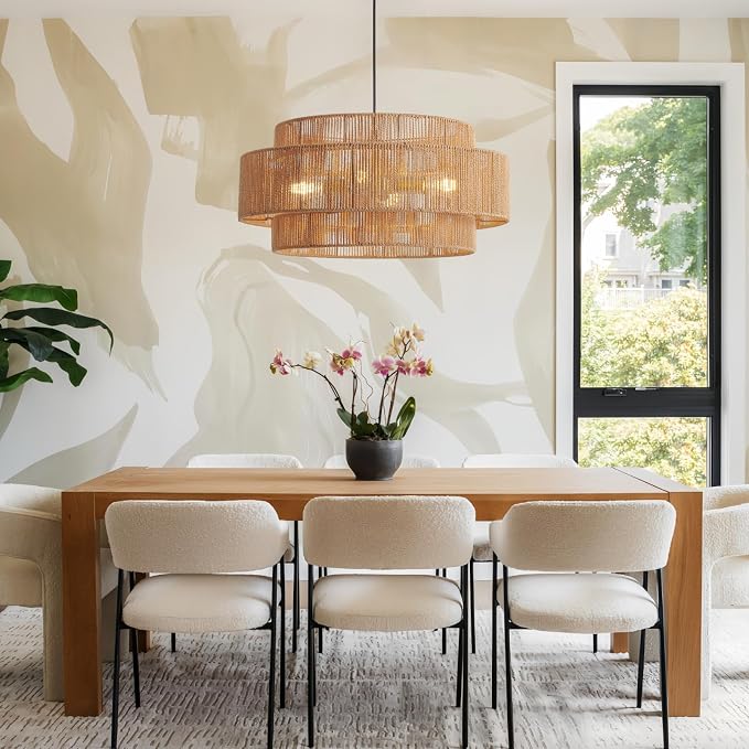 3-Tier Large Rattan Chandeliers, 23.6in Boho Coastal Pendant Lights, Hand Woven Hemp Rope Lighting Fixture, Wicker Hanging Ceiling Light for Living Room, Dining Room, Bedroom, Kitchen Island