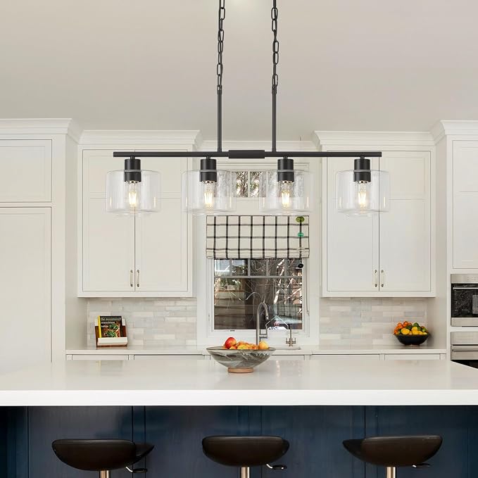 4-Light Kitchen Island Lighting, Modern Black Linear Dining Room Chandelier Light Fixtures with Clear Glass and Chain, Farmhouse Hanging Lights for Kitchen Island Dining Room, OS-YQ8153-4ISBKC