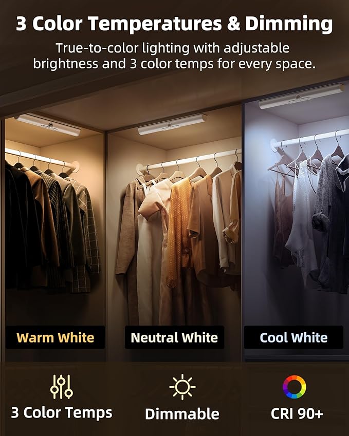 EZVALO 13inch Motion Sensor Closet Light, Led Rechargeable Closet Light with Ajustable Sensor, 3 Colors & Dimmable, No Glare, Magnetic Motion Lights Indoor for Closet, Pantry, Stairs