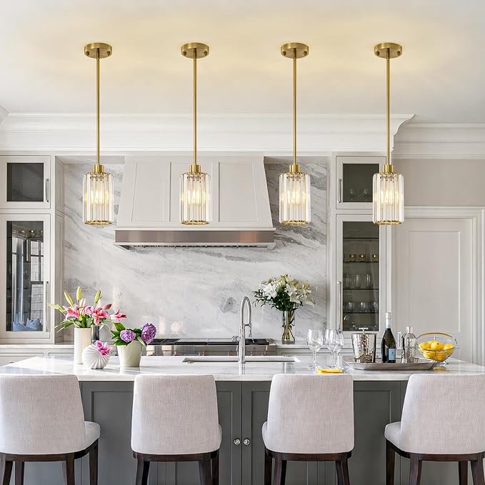 5.1" Mini Modern Gold Crystal Kitchen Island Pendant Lights 2 Pack | Small Crystal Glass Shade, Sparkling Crystal Reflection, Customizable Hanging Height,Fits Most Ceilings, Modern Brushed Brass