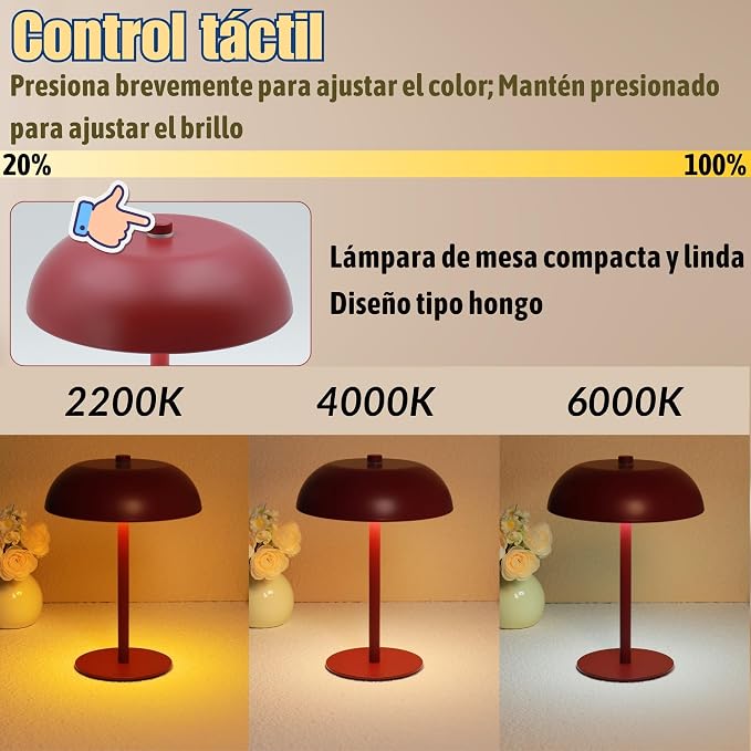 Cordless LED Mushroom Table Lamp, 5200mAh Battery, Dimmable 3 Color, Red | Small, 8.46in, Portable, Easy to Assemble, Metal structure, Rechargeable, Suitable for bedroom, café, and bar counter.