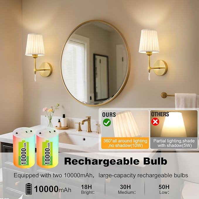 Battery Operated Wall Sconce Set of 2, 10000 Mah Rechargeable Wall Sconces Dimmable 12 RGBS,Remote Wireless Sconces,Gold Sconces Wall Decor Set of 2 Fabric,Cordless Wall Lamp for Bedroom,Living Room