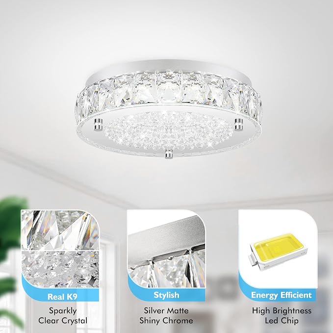 Crystal Chandeliers Flush Mount LED Ceiling Light Fixture, 5000K Daylight White Super Bright 1980LM 11-Inch Dimmable Farmhouse Kitchen Light Modern Ceiling Lamp for Bedroom Bathroom Nursery