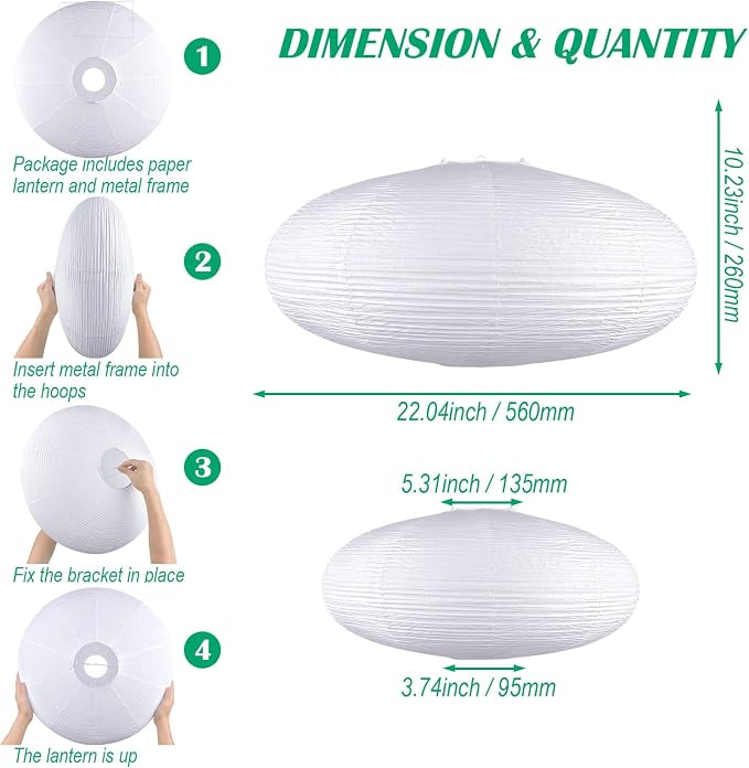 White Oval Paper Lanterns, 22" Large Hanging Paper Lantern Shade, 1 Pack | Chinese/Japanese Paper Pendant Lampshade, Handmade, for Party Decoration, Wedding, Home Decor Ceiling Lamp shade