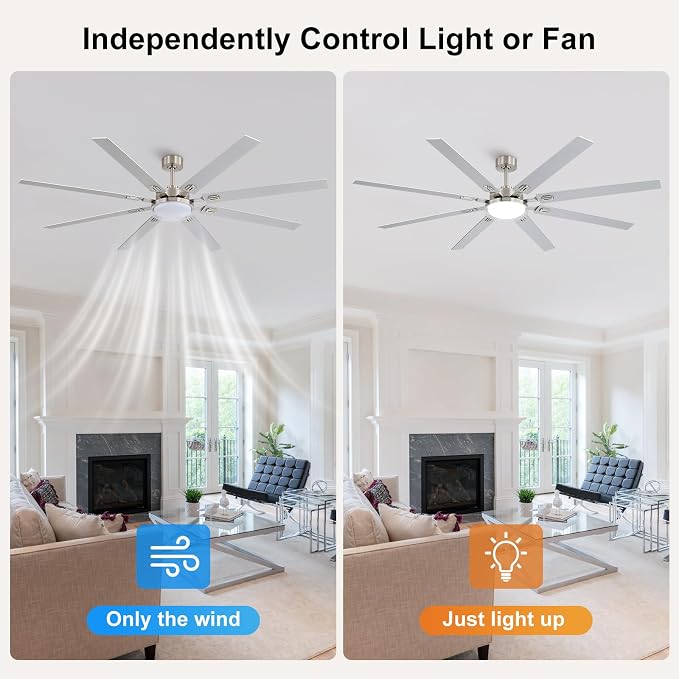 80 Inch Ceiling Fans with Lights and Remote,Living Room Office Library Cafe Outdoor, 5CCT Dimmable, Dual Color 8 Blades, 6 Speed Reversible Quiet DC Motor, Dual-Layer Shade, Sand-nickel/Wood Grain