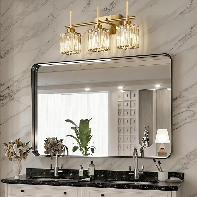 Torondo Modern Crystal Bathroom Vanity Light 3-Light Brushed Gold Bathroom Light Fixtures Over Mirror Brushed Gold Vanity Lighting Fixtures Square Shade Brass Wall Sconce (Bulbs Not Include)