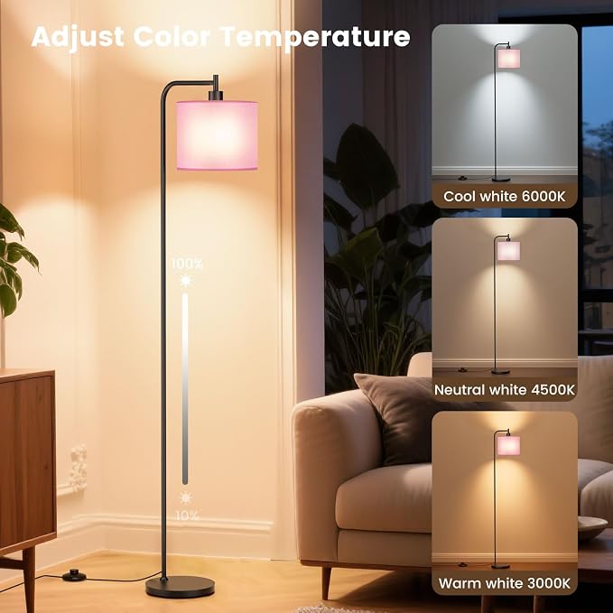Floor Lamp for Living Room, Tall Standing Lamp with Linen Shade | Dimmable with Remote Control, 3 Color Temperatures, 9W LED Bulb Included, Ideal for Bedroom, Office and Reading Corner