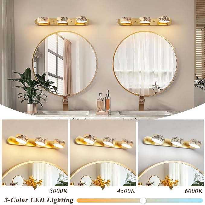 Natural Alabaster Bathroom Vanity Light, 3-Light Adjustable LED Bathroom Light Fixture with Gold Metal Base, 180° Rotatable Marble Wall Sconce for Bathroom Over Mirror, Hallway