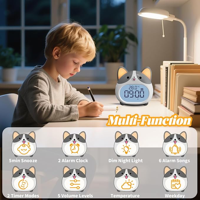 AVEKI Alarm Clocks for Kids - Cute Dog Clock with Night Light, 6 Alarm Tones, Snooze, Timer, Date and Temperature Display - Rechargeable Battery Operated Digital Clocks for Bedroom Kids Room