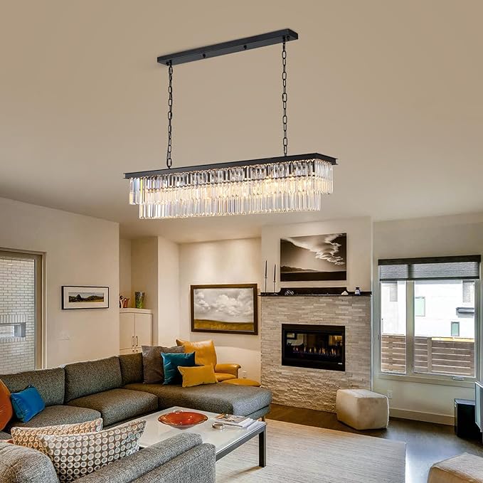 NOXARTE Rectangle Chandeliers for Dining Room, Modern Rectangular Crystal Chandelier Black 8 Lights Pendant Fixture for Kitchen Island Bar Living Room L47 Inch