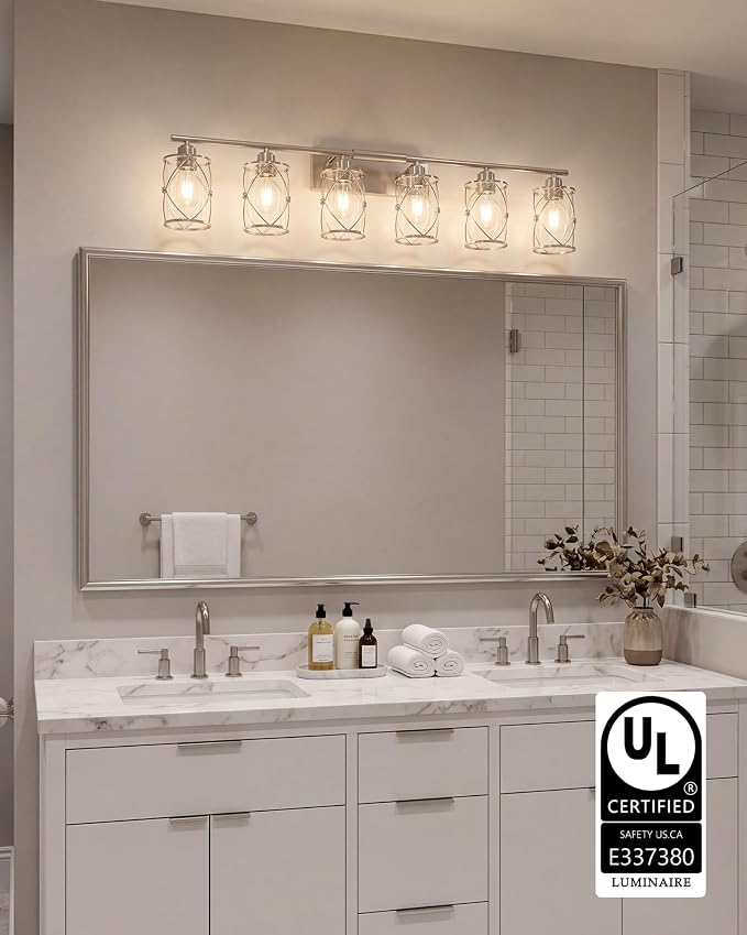 6-Light Brushed Nickel Bathroom Light Fixtures Over Mirror, 42" UL-Listed Modern Wall Sconce Lights with Clear Glass and Metal Cage for Bath, Hardwire E26, CH9176BN-6W