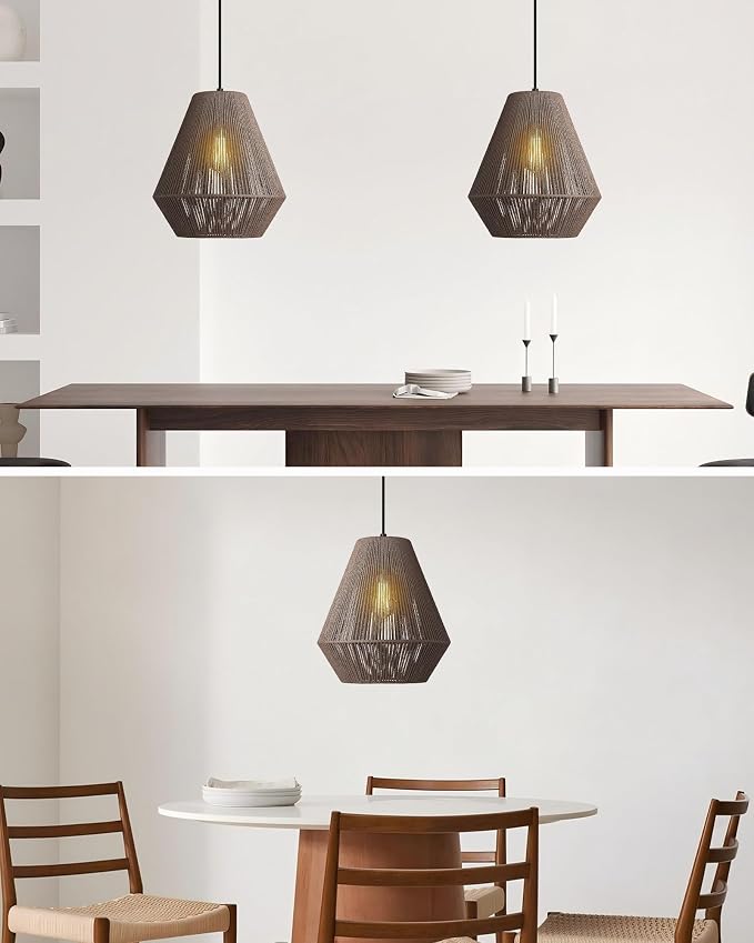 ELYONA 12” Woven Japandi Pendant Light for Kitchen Island Boho Hanging Lamp with Handwoven Rattan Basket Shade Adjustable Pendant Light Fixtures for Dining Room Bar Bedroom Foyer Hallway Dark Brown