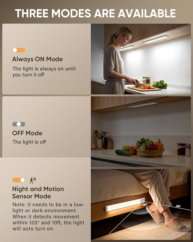 MCGOR 5 Pack 14.7inch Under Cabinet Lighting, Rechargeable Motion Sensor Light Indoor with 3 Color Temps, Dimmable Magnetic Led Closet Lights, Wireless Under Counter Lights for Kitchen, Stairs