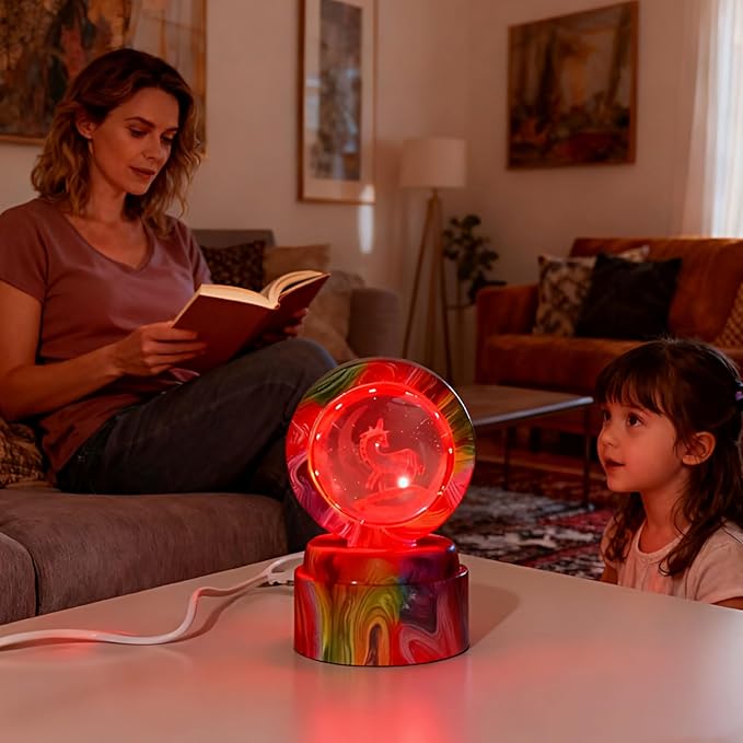 Cute Cartoon lamp,2.36 inch Rotatable 3D Crystal Ball Anime Night Light with 7 Colors Change,Color Box,Children's Room Decoration Holiday Gifts，Birthday Christmas Gifts (Unicorn)