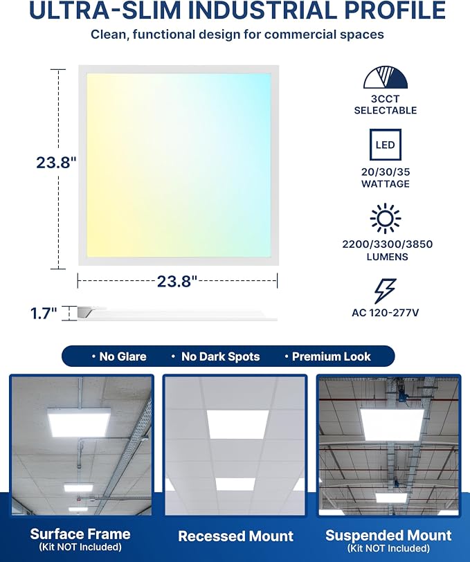 42 Pack 2x2 LED Flat Panel Light, Backlit T-Grid Drop Ceiling Light, 20/30/35W Selectable, 2200/3300/3850LM, 3500K/4000K/5000K 3CCT, 0-10V Dimmable, 120-277V, ETL DLC Listed, Damp Rated