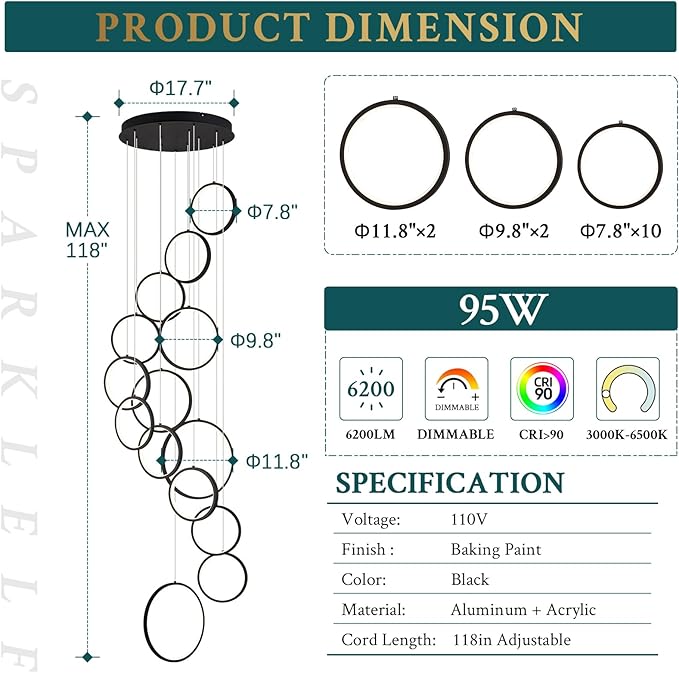 14 Rings Modern LED Chandelier for High Ceiling Dimmable Black Contemporary Foyer Long Chandelier for Entryway, Long Pendant Light Fixture Staircase Dining Living Room, 3000-6500K