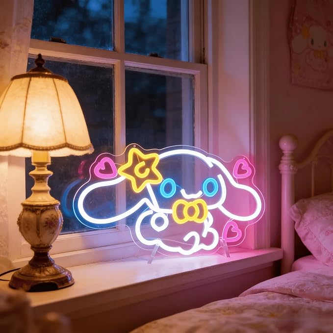 Cinnamoroll Neon Sign for Room Decor, USB Powered LED Lights with Dimmable, Japanese Cartoon Dog Neon Signs, Cute Night Light Gifts for Children (15.94"L x 9.06"W)
