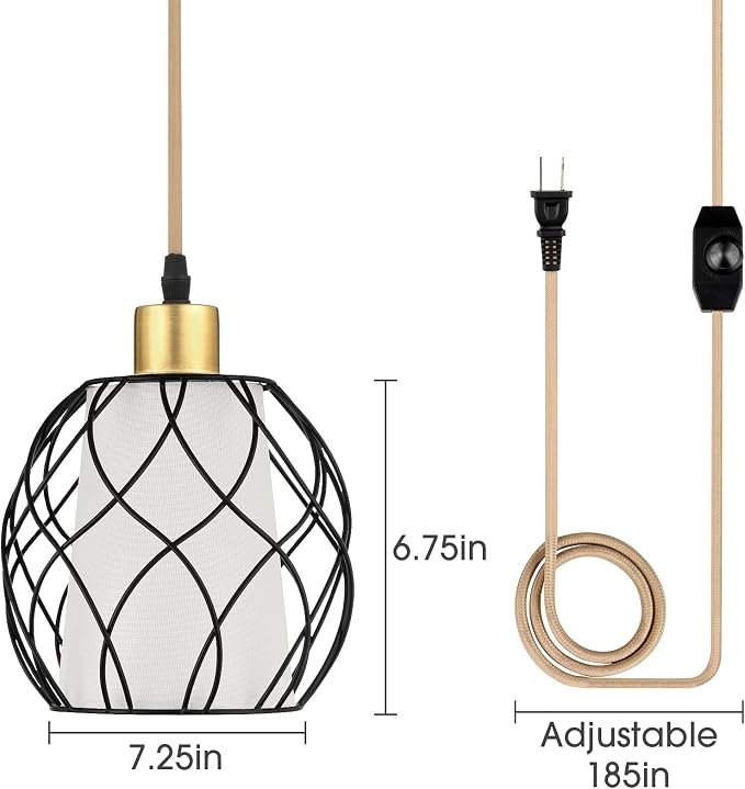 Plug in Pendant Light, Black Farmhouse Hanging Lights with Linen Shade, 15ft Golden Cotton Cord, Industrail Ceiling Lamp with Dimmable Switch, for Kitchen Island Living Room (Bulb Included)