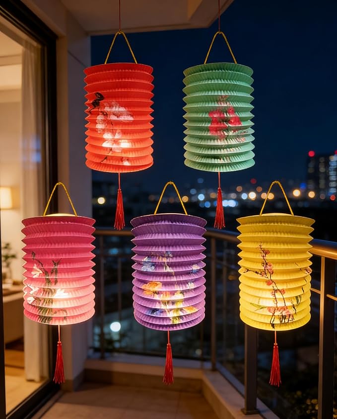 Set of 5 Paper Lanterns with Vibrant LED Lights, Hanging Paper Lanterns 6.4inches Variety Color Decoration for Birthday Wedding Shower Party New Year Classromm Decor