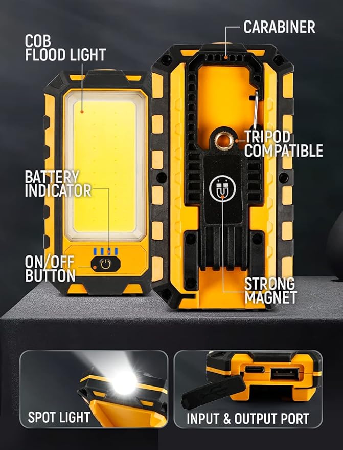LED Rechargeable Magnetic Work Light 1500Lumens, Hanging Hook 4 Lighting Modes, Job Site Lighting for Car Repairing, Camping, Hunting, and Hurricane(Orange)