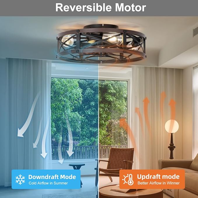 SHLUCE 19" Caged Low Profile Ceiling Fan with Light, Farmhouse Small Flush Mount Ceiling Fans with Lights and Remote, Rustic Bladeless Ceiling Fan with Light for Bedroom, Kitchen, Brown - ETL