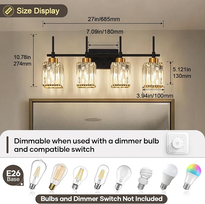 Torondo Modern Crystal Bathroom Vanity Light 4-Lights Gold Bathroom Light Fixtures Over Mirror Black and Gold Vanity Lighting Fixtures Gold Square Shade Brass Wall Sconce (Bulbs Not Include)