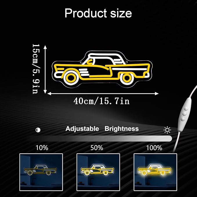 Vintage Sports Car Neon Sign, Cool Dimmable LED Retro Yellow Sports Car Shape Neon Sign, USB Powered Car Sign for Garage Bar Party Boys Room Game Room Man Den Bedroom Birthday Gift(15.7 * 6in)