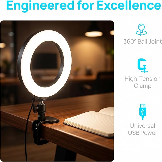 6" Ring Light with Desk Tripod Stand and Clip | Video Conference Lighting, Monitor Laptop Computer Compatible, Zoom Call Live Streaming, Remote Working Learning