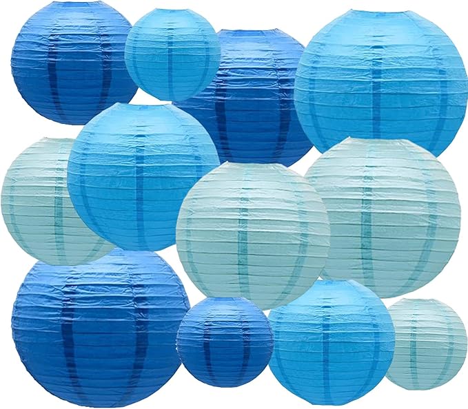 Blue Paper Lanterns Decorative,Hanging Chinese Lanterns Indoor Outdoor for Birthday, Wedding, Christmas, Bridal, Home Decor, Ceiling Decorations(Size of 4”, 6”, 8”, 10”,12Pcs)