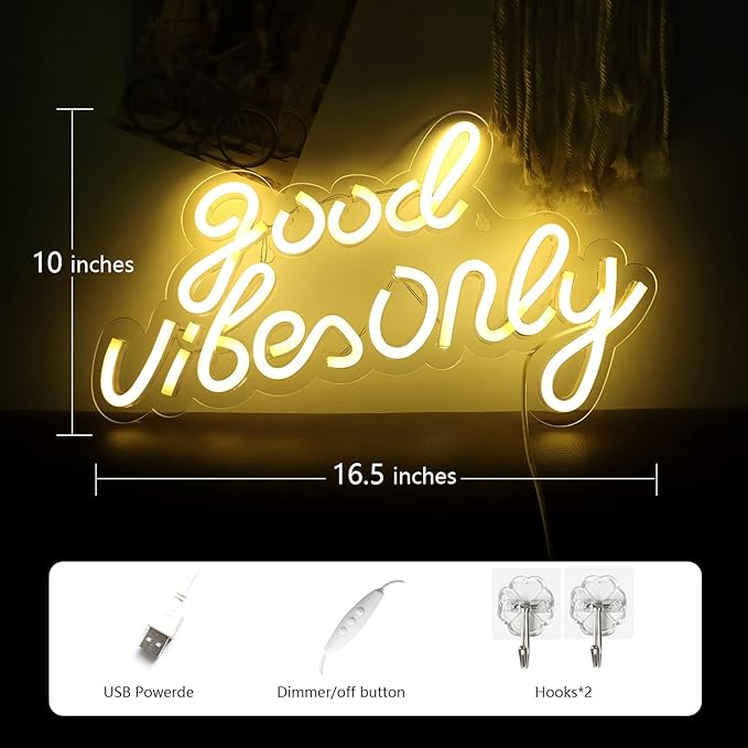 JFLLamp Good Vibes Only Neon Signs for Wall Decor Neon Lights Led Signs Suitable for Living Beer Bar Game Room Hotel Birthday Party Restaurant Christmas Unique Gift for Lover, 16.5*10 Inch(Warm White)