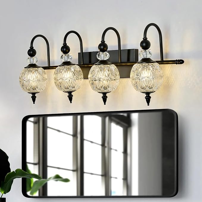 Piepooye Vintage Bathroom Light Fixtures Black Vanity Light with Glass Globe LampShade 4 Lights Mid Century G9 Bulb Wall Sconce Indoor Vanity Light Over Mirror for Kitchen Bedroom Farmhouse