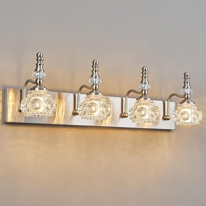 Modern Glass Crystal Vanity Light - Vintage Bathroom Lighting Fixtures Over Mirror, 4 Light Vanity Lights G9 Bulb (27.55 Inch, Nickel)