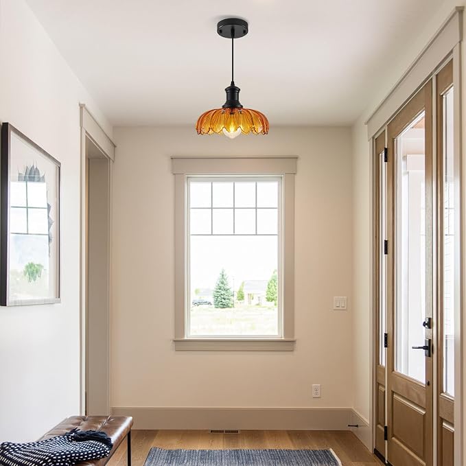 Orange Pendant Light, Kitchen Pendant Light with Glass Shade, Vintage Pendant Lighting for Kitchen Island, Dining Room, Bedroom, Living Room, Bathroom, Hallway, Sink