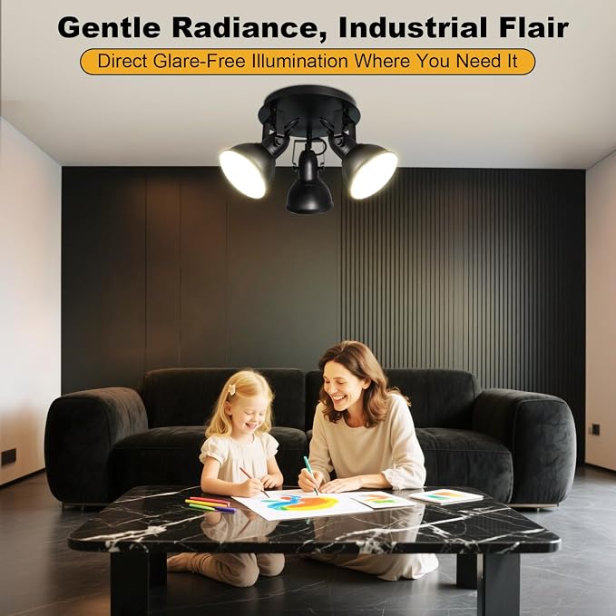 HiBay Ceiling Light Fixtures, 3-Lights Adjustable LED Spotlight Black | Industrial Track Lighting with Round Plate for Kitchen, Living Room, Office, E26 Base, Black (Bulbs Not Included)