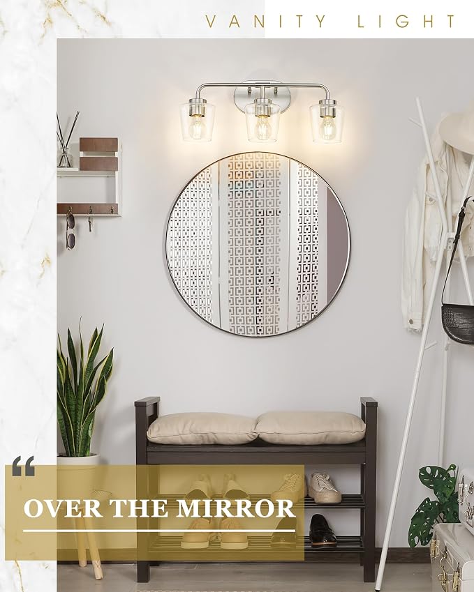 3-Light Bathroom Light Fixtures Over Mirror, Brushed Nickel | Vanity Lights for Bathroom with Clear Glass, Modern Vanity Lighting Fixtures, AD-22004-3W-SN-C
