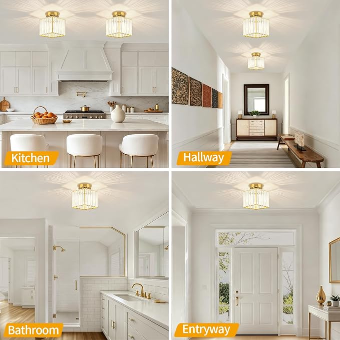 Modern Brushed Gold Hallway Entryway Light Fixtures Crystal Ceiling Lamp | 2-Pack, 7.24 Inch, E26 Dimmable, Bathroom Bedroom Semi Flush Mount Ceiling Light, Kitchen Dining Room Foyer Light Fixtures