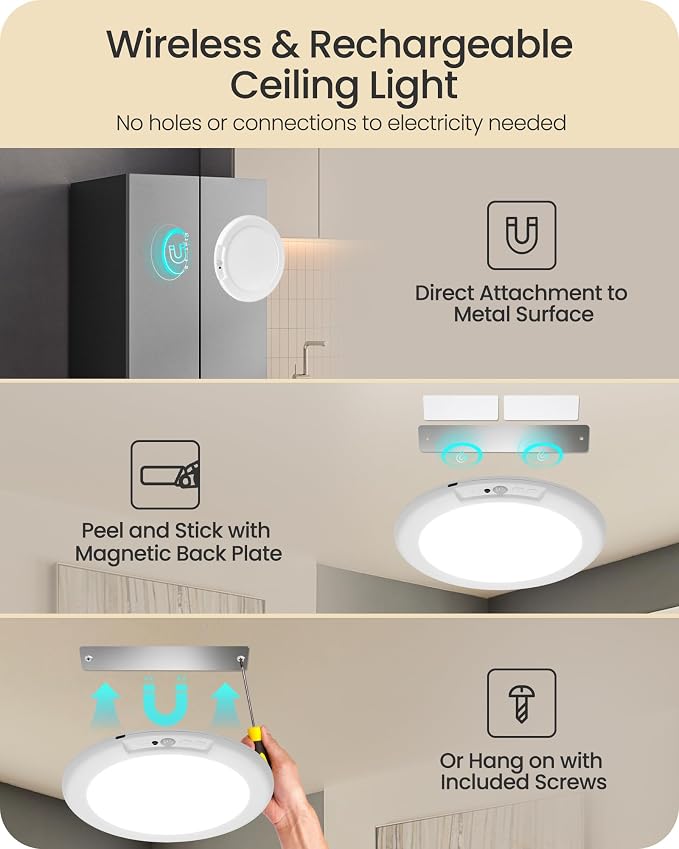 4 Pack Rechargeable Motion Sensor Ceiling Lights with Remote, Wireless Ceiling Light Battery Operated, Magnetic, 3CCT, Dimmable Shower Light, Motion Activated Light for Closet Bathroom Stairs Pantry