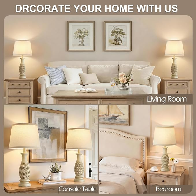 EJIAXIN Table Lamps Set of 2-21.6" Resin Farmhouse Bedside Lamps for Bedroom Living Room, Rustic Nightstand Bedroom Lamp with Rotary Switch for Night Stand End Table