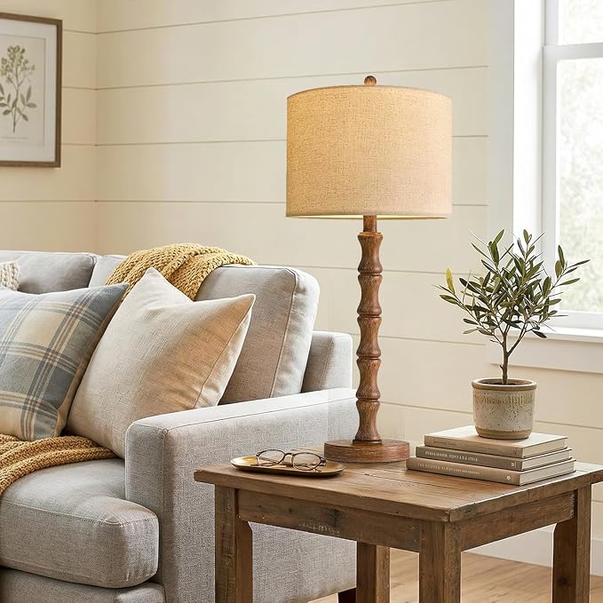 ILLMTW Wood Table Lamp Set of 2,Vintage Buffet Lamps Mid Century Bedside Lamp Wooden Nightstand Lamp Farmhouse Retro Side Tall Table Lamp Rustic Boho for Bedroom Living Room