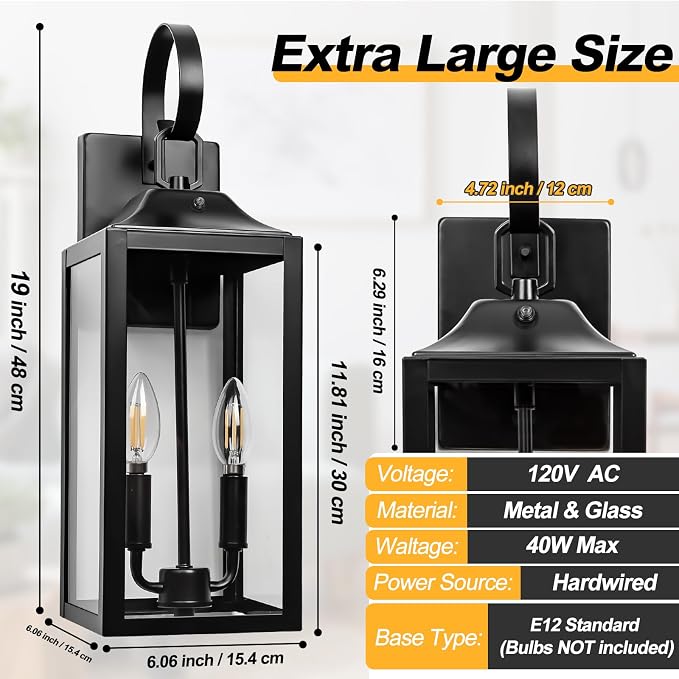 19" Large Dusk to Dawn Outdoor Wall Lantern 2-Light, Modern Porch Lights | Waterproof Exterior Lighting Fixtures with Clear Glass, Farmhouse Outside Sconces Outdoor Lights for House, Black, 1-Pack