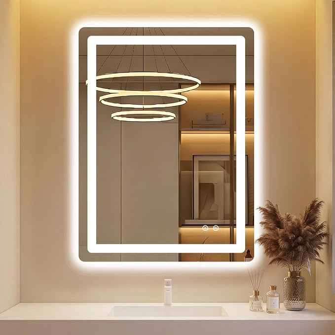 LED Bathroom Mirror with Lights, 24 x 32 Lighted Vanity Wall Mirror | Backlit and Frontlit, Anti-Fog, Dimmable 3 Colors, Shatter-Proof Tempered Glass, Memory Function, Plug-in/Hardwired