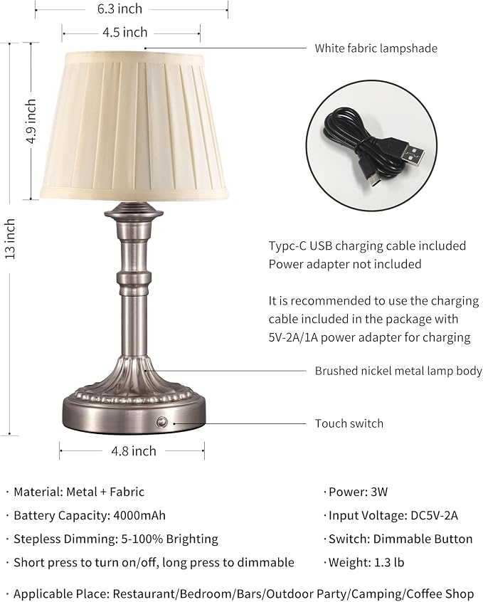 KDG Nickel Cordless Table Lamps Set of 2, Beige Fabric Shade Desk Lamp | Portables 4000mAh Battery Powered, Small LED Lighting, 2700K Stepless Dimmable, Light for Living Room, Dining Room, Bedroom