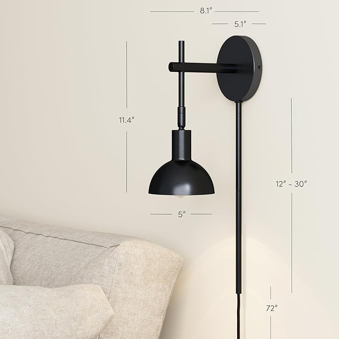 Nathan James Tamlin Wall Light Fixture, Wall Mounted 1-Light Lamp, Plugin Sconce with On/Off Switch for Living Room, Reading Nook or Bedroom, Matte Black