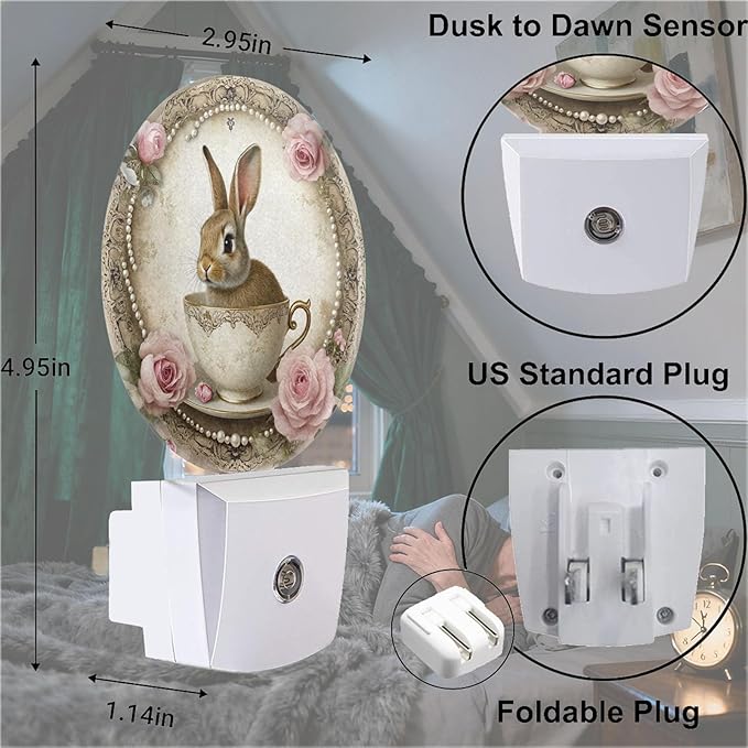 Mugod Rabbit Plug-in Nightlights Vintage Teacup Bunny and Roses Night Light Plug into Wall with Dusk-to-Dawn Sensor LED Lighting 0.5W Sleep-Friendly