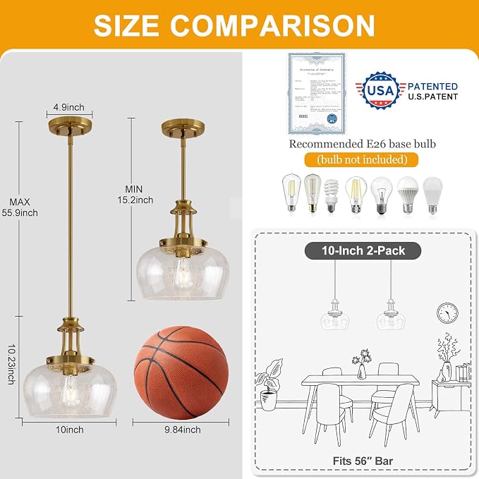 Modern Pendant Lights Kitchen Island, Brushed Gold Pendant Light Fixtures with 10" Clear Air Bubble Glass Shade, Industrial Hanging Pendant Lights Fixture for Kitchen Island Dining Room Entryway