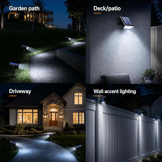 RUIKORING 73 LED Solar Spot Lights Outdoor Waterproof 4 Pack, Cool White | Landscape Spotlights with 3 Brightness Modes, Dusk to Dawn Auto On/Off, 2-in-1 Lights for Yard, Garden, Trees & Pathway