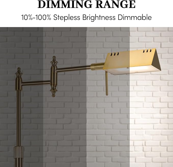 Bairth Antique Brass Reading Floor Lamp,Rotatable Pharmacy Standing Lamp | 90°Rotatable Lamp Head 3 Color Temperature, Dimmable, 17W LED, Height Adjustable, 360°Swing Arm, Living Room, Bedroom, Craft